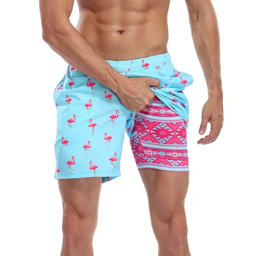 Men's 7" Flamingo Print Swim Trunks, Quick Dry Swim Bottoms with Compression Liner, Front Pockets and Adjustable Drawstring, Men's Swim Trunks summerwins