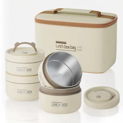 3/4-Piece Portable Insulated Lunch Container - Stackable Food Storage Set with Insulated Bag for Travel & Outdoor Use