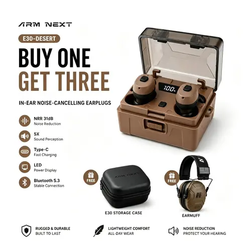(A Free gift) ARM NEXT FieldOps Tactical Earbuds E30 Hearing Protection with Bluetooth, 31dB Noise Reduction for Shooting Wireless Tactical Earbuds with Sound Pickup, Bluetooth 5.4, 50H Playtime, LED Display, for Hunting & Work outdoorfun fathersdayg,fath