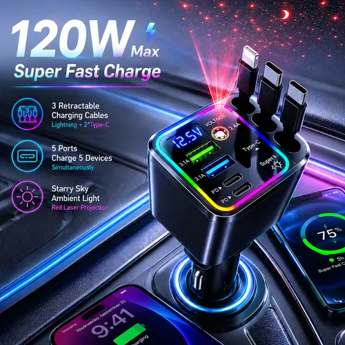 Amazing Car Charger: 120W Fast Charging Station with 3 Retractable Cables & 4 Ports&Atmosphere Lamp | LED Voltage Display & RGB Light | Car Accessories for iPhone 17/16 Series, Galaxy S25/S24, MacBook Pro/Air, iPad, and More | Road Trip Essentials