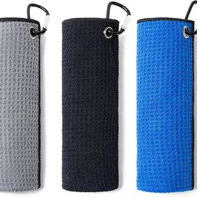 3 Pack Golf Towels(16" X 16") with Carabiner Clip,Microfiber Fabric Waffle Pattern Towels for Golf Bags,Tri-Fold Portable Towels for Men Women,Blue/Black/Gray