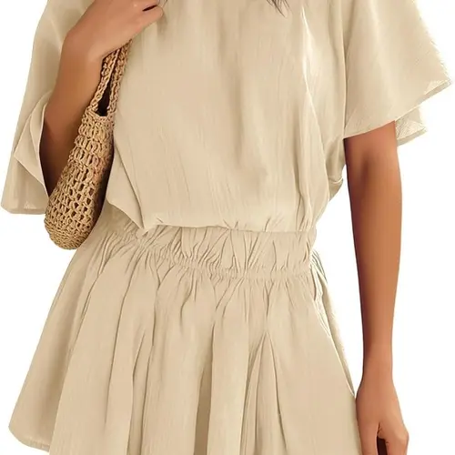 Yousify Womens Off the Shoulder Summer Loose Dresses Short Batwing Sleeve Cinched Waist Mini Dress Casual Ruffle A-Line Short Dress