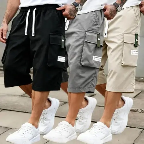 3 Pack Men’s Cargo Shorts, 7/8 Length, Summer Drawstring Waist, Large Pockets, Letter Patch Details, Fashionable Casual Athletic Shorts,father'sdaygifts
