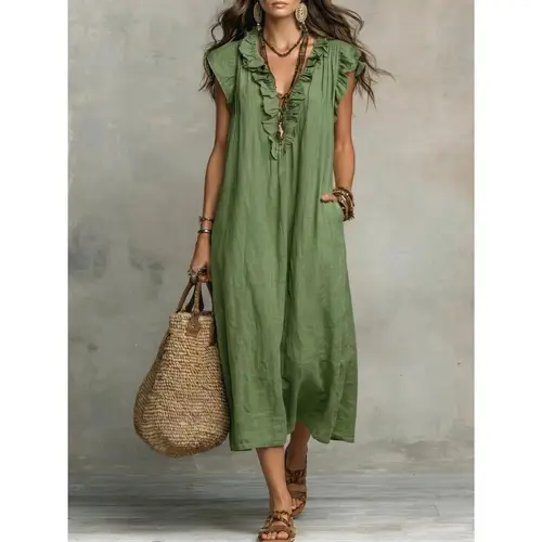 VVZ 2026 Women's Boho Spliced Ruffle Neck Maxi Dress, Sleeveless Loose Non-Stretch Flowy Long Dress
