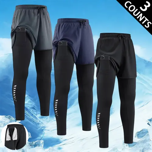 Men's 3-Piece 2-in-1 Running Tights Set - Athletic, Body-Fitting, Multi-Sport Pants with Pockets, Elastic Waistband, Quick-Dry, Breathable, Compression, Sweat-Wicking for Gym, Jogging, Training, Athletic Men's Pants, Body-Fitting Men's Pants,father'sdaygi
