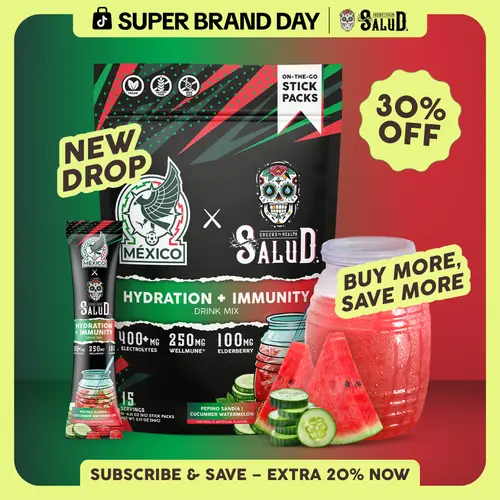 México x Salud 2-in-1 [Hydration + Immunity - Pepino Sandía | Cucumber Watermelon] Electrolytes Powder, Agua Fresca Drink Mix, Elderberry, Dairy & Soy Free, Non-GMO, Gluten Free, Vegan, Low Calorie, 1g Sugar (15 Servings)