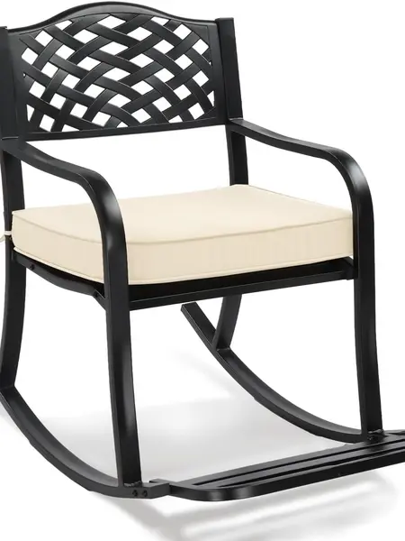 【Father's Day Gift】  Metal Rocking Chair, Outdoor Rocking Bench with Cushion, Patio Rocker with Footrest, Weatherproof Rocking Chair for Outside, Patio, Garden, Hole Backrest