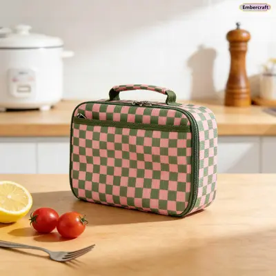 Insulated Corduroy Lunch Box – Large Capacity Chessboard Plaid Tote with Aluminum Foil Thermal Protection, Stylish & Portable for Work, School