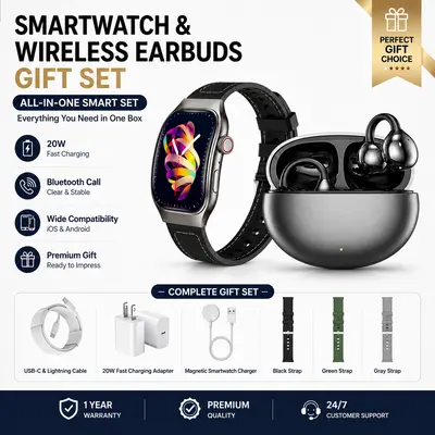 Smartwatch Gift Set with Bluetooth Earbuds, 20W Fast Charger, Type-C Cable & Adapter – 2.01" Touch Screen Fitness Tracker with Notifications & Sports Modes, Portable All-in-One Wearable Bundle for Men & Women