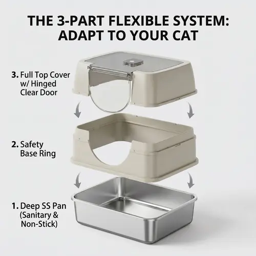 Premium Stainless Steel Litter Box Enclosure, Stink Control Litter Box for Small & Medium Cats (19.69in x 13.78in x 13.78in) - Modular, Antibacterial, Non-Stick, Flip-Top Lid, Minimalist Beige/Gray Outdoor Unit with Hygienic Build, Stink Control Litter Bo