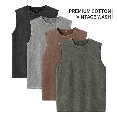 1/4 Pack Men's Heavy Cotton Sleeveless Vest - Vintage Acid Washed Loose Fit Gym & Casual Muscle Top