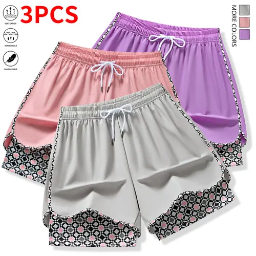Set of 3 women’s casual athletic shorts featuring elastic waistband with lining; suitable for outdoor workouts, running, sports, and casual wear; summer shorts, women’s shorts, womenswear.,summerwins