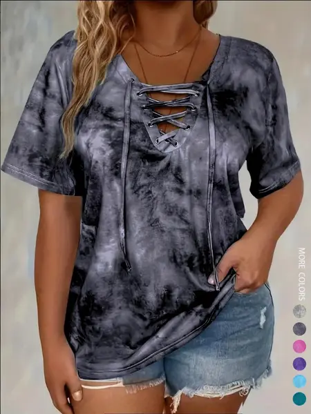 Women's Plus Size Tie-Dye Bow Front T-Shirt, Casual Pattern Print Top, Comfortable Stretch Fabric, Perfect for Daily Wear & Gifts