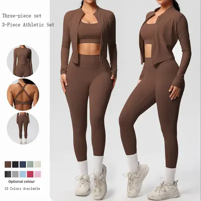 Women Skin-Friendly Double-Sided Brushed 3-Piece Yoga Suit, Sports Bra Leggings Coat Set, Spring Casual Activewear for Yoga Fitness