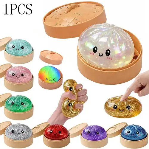 Glitter Dumpling Squishy with Box, Soft Sensory Squeeze Toy for Stress Relief, Glitter Dumplings, Decompression Dough