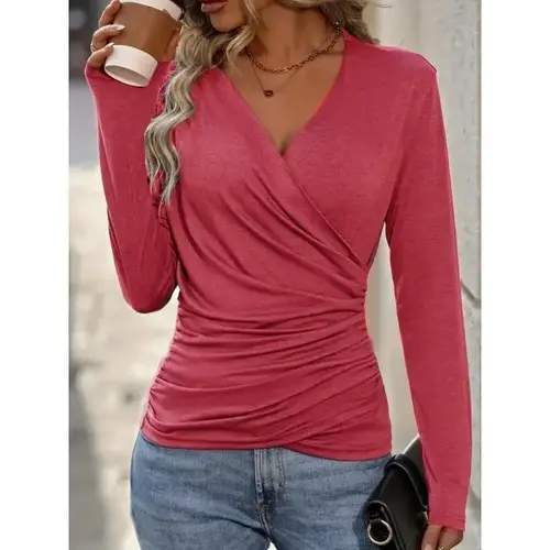 Solid Ruched Surplice Neck T-Shirt, Casual Long Sleeve Top For Spring & Fall, Women's Clothing Womenswear Tshirt