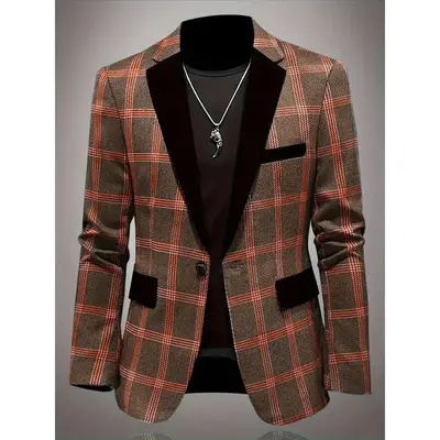 Casual and Chic | Men's Fashion Casual Plaid Blazer - Light Blue and Beige, Polyester Fiber, Long Sleeve with Pockets, Machine Washable