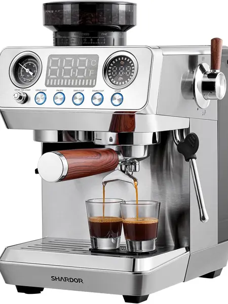 20 Bar Espresso Machine with Grinder, Expresso Coffee Machines with Professional Steam Wand, 52mm Portafilter, 45 Precise Grind Settings, Stainless Steel All-in-One Coffee Maker for Home Use