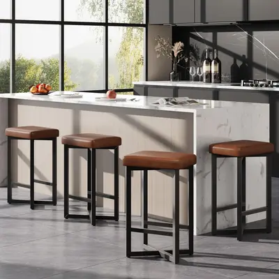 Fathersdaygift Summervibes Flash Sale Home Items: Modern Bar Stools Set of 4, 24.6" Counter Height Backless Stools, Brown PU Leather Upholstered Seat, Sturdy Metal X-Frame with Footrest, Ideal for Home Bar & Dining Room
