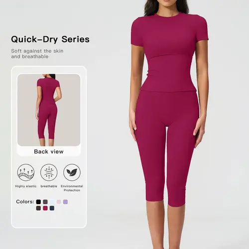 Breathable Tight Yoga Set, Quick-Dry Fitness Wear, Versatile Short Sleeve Tee & High Waist Capri Pants, Sporty Outfit for All Seasons, Solid Sports Sets