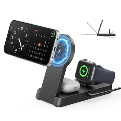 3-in-1 Foldable Magnetic Wireless Charger for iPhone, Apple Watch & AirPods—Home, Office & Travel Ready