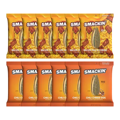 SMACKIN' Sunflower Seeds - FLAVOR LAB TRIO - CHILI CHEESE DOG - BACON MAC & CHEESE - LIMITED EDITION SAMPLER PACK, 12 Total 4 OZ. Bags