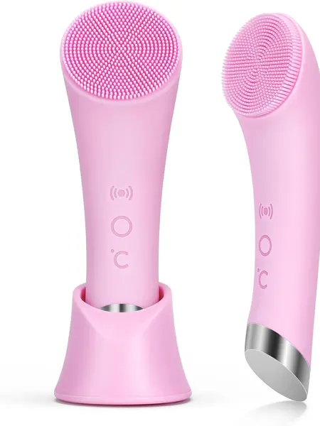 Silicone Face Scrubber, Rechargeable Facial Cleansing Brush with Heat Massage End, Vibrating Exfoliator Scrubber for Deep Cleaning, Waterproof Face Brush for Women and Men