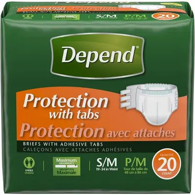 Depend Protection with Tabs, Maximum Briefs S/M, 20 Count 19-34 in Waist