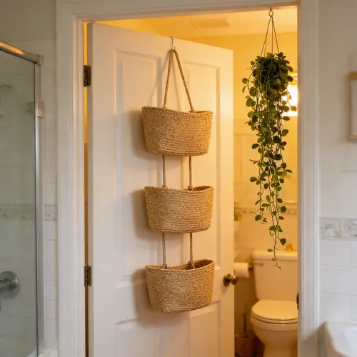 Woven Cotton 3-Tier Over-The-Door Hangable Storage Baskets - Multifunctional Organizing Home Organizer, Decorative Bathroom Organizer, Apartment Accessories for Beauty Essentials