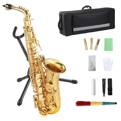 Eb Alto Saxophone Set for Students & Beginners, Brass Saxophone with Stand & Backpack Case, Professional School Band Starter Kit with Mouthpiece Reeds & Cleaning Kit, High Gloss Gold Lacquer Alto Sax for Kids & Adults, Easy Play