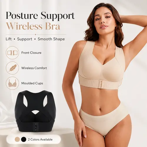【Postural correction】Women’s Beige Wireless Bra, Soft Breathable Non-removable Moulded Cups, Yoga Fitness Sportswear for Gym & Daily Training