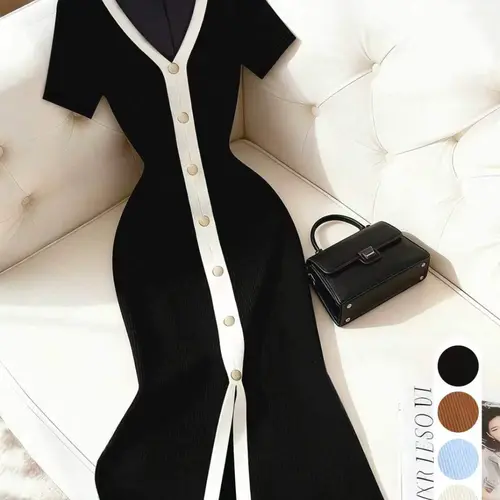 Elegant Knit Dress, Short Sleeve Long Dress, Solid Color, Slim Fit, High Waist, French Style, Casual Wear, Office Wear, Date Night, Tea Time, Pear Shape