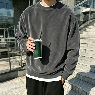 Men’s corduroy crewneck sweatshirt for spring/autumn, solid color, casual versatile long-sleeve pullover sports shirt, comfortable fabric, round neck