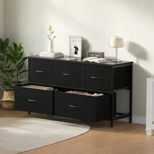 DUMOS 5-Drawer Fabric Storage Tower - Solid Stable Multifunctional Cupboard Cabinet, Fabric Bin Bedroom Dresser for Closet Organization, Storage Organizer, Entryway & Home Decor