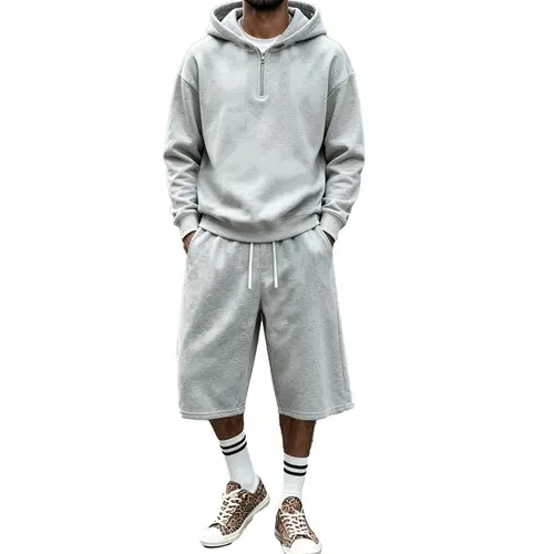 Men’s casual two-piece outfit set — half-zip hooded pullover sweatshirt + wide-leg shorts, regular athletic set with elastic waistband and drawstring design