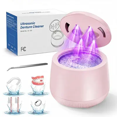 Ultrasonic Denture Cleaner, 48kHz Deep Cleaning Machine with 4 Timed Modes, 200mL Digital Display for Retainers, Mouth Guards, Braces, Aligners, Toothbrushes, Jewelry, Pink