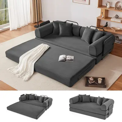 79" Convertible Sleeper Sofa Bed with 4 Pillows, 5-in-1 Corduroy Futon Couch for Small Spaces,Boneless Couch, Floor Modular Sofa with Fixed-Shape Frame,For Guest Bed & Kids Play Area with Washable Cover,teddy sofa for Adults,No-Assembly