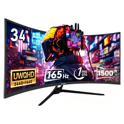 34 Inch Ultrawide Curved Gaming Monitor,165Hz,  1500R 21:9 UWQHD 3440x1440, 3800R Adaptive Sync, Multi‑Directional Adjustable Base, HDMI2.1/DP1.4, PIP/PBP, Low Blue Light,summerwins