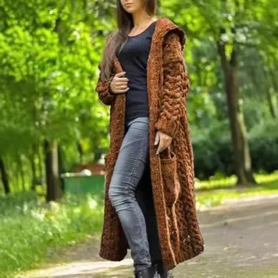 2025 New Women's Cardigan Knitted Lazy Style Hooded Long Cardigan Sweater Knitted Cotton ?
