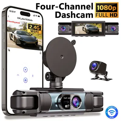 【DealsForYouDays】360° Surround View 4 Channel Dash Cam , 1080P FHD , 3.18" IPS Display, Built-in 2.4GHz WiFi App Control, WDR, Loop Recording, Reverse Assist, 4 Lens Front Rear Inside Left Right Car Driving Recorder, Car Security Camera-YY