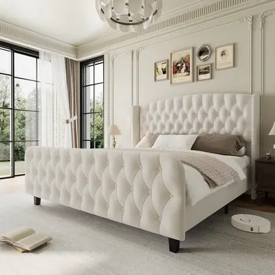 Bed Frame， Queen/King Size Velvet Upholstered Platform Bed Frame with Deep Button Tufted Wingback Headboard and Footboard, No Box Spring Needed, Easy Assemble, Beige/Grey/Black