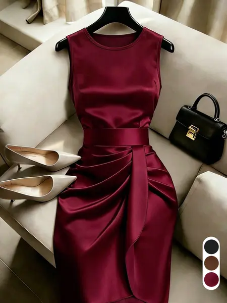 Glossy Midi Dress, Round Neck Sleeveless High Waist Dress, Elegant Office Wear, Asymmetric Hem & Ruched Design