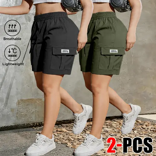 2-pack women’s summer fashion casual solid-color cargo shorts with drawstring waist and pockets, minimalist large patch pocket design; suitable for outdoor leisure, sports, and everyday stylish outfits—an ideal gift for a girlfriend Summervibes