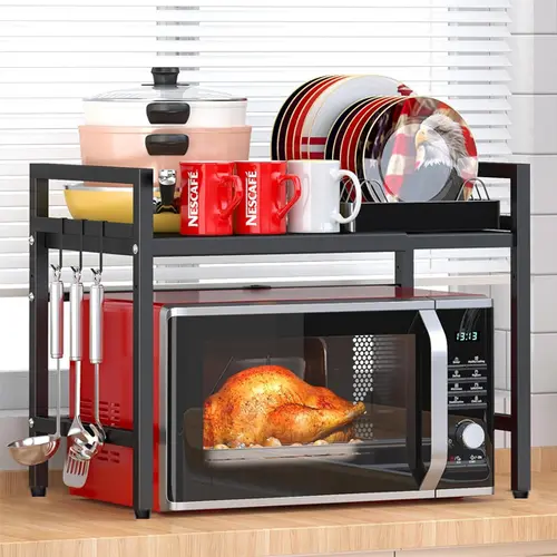Adjustable Microwave Rack, Extendable Double-Layer Kitchen Countertop Storage Organizer,  Carbon Steel Shelf for Utensils, Dishes & Small Appliances