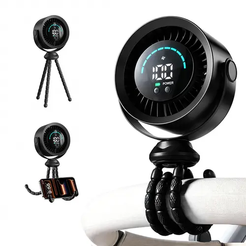 Qawtor 2026 Upgraded Portable Fan with LED Display & Flexible Tripod, 360° Adjustable USB Rechargeable Clip Fan for Desk, Travel & Outdoor，Suitable for car use