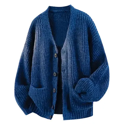 Men’s solid-color vintage cardigan sweater for spring—relaxed fit, soft and supple knit outerwear; stylish, versatile, simple, and comfortable.