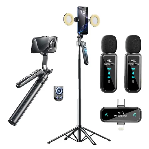 360° Rotatable Adjustable Selfie Stick Tripod,Supports Bluetooth remote control, microphone, and fill light,Automatic Face Tracking Tripod, Live Streaming Selfies ，for Camera，iPhone ,iPad ,iOS,Android