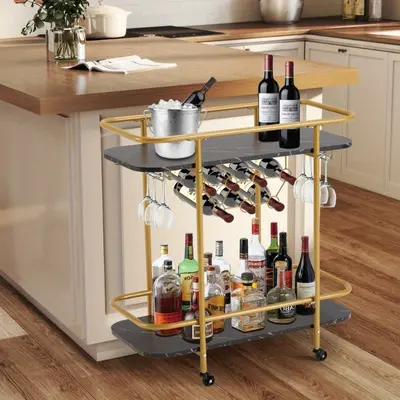 Bar Cart with Wine Rack & Glass Holder, Serving Cart with Wheels for Kitchen, Dining Room & Home Bar