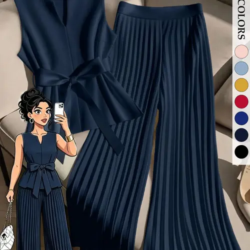 Women's Plus Size Trendy 2 Piece Outfit, Sleeveless Top & Pleated Wide Leg Pants Set, Tie Waist V-Neck Plisse Flowy Elegant Office Workwear