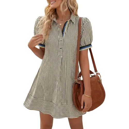 Wenrine Womens Summer Striped Mini Dresses Puff Short Sleeve Loose Fit Casual Button Collared Shirt Dress with Pockets
